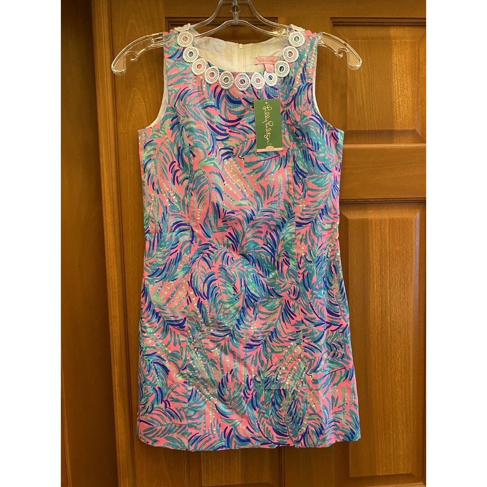 NWT Lilly Pulitzer Mini Mila Shift Dress Pink Colorful Palm Branches Size 12
